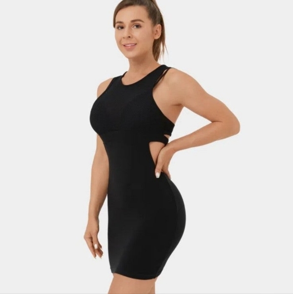 Halara Round Neck Contrast Mesh Backless Racerback Cut Out Bodycon Mini Casual D - Picture 4 of 7